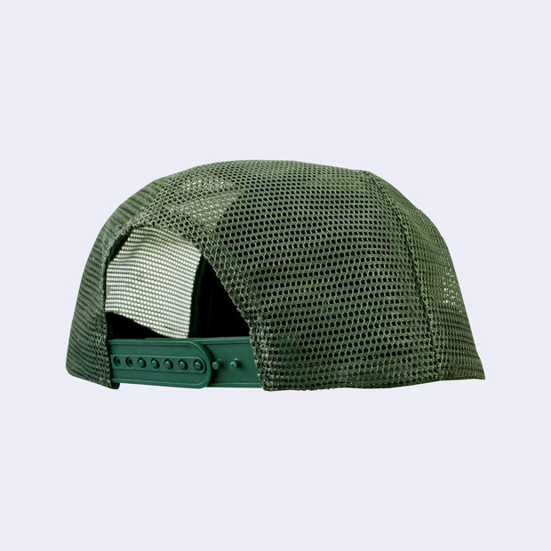 Back of green mesh hat, showing snap adjustment.