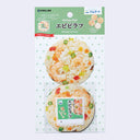 KING.JIM Shrimp Pilaf Muffin Message Card Set in retail packaging, featuring two round cards designed to look like shrimp and vegetable rice balls, with a green header card.