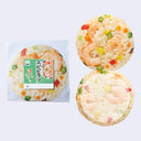 Message cards designed like a packaged round rice snack with shrimp and vegetables shown next to two loose views of the same product on a light gray background. The package has Japanese text and a green front label.