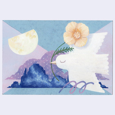 Painting of a white bird, flying with a poppy flower in its beak. Background is collage style with purple and blue triangles making a rectangle. A moon and clouds are in the background.