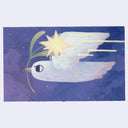 Illustration of a white bird flying against a dark purple sky, carrying a star shaped flower in its beak.