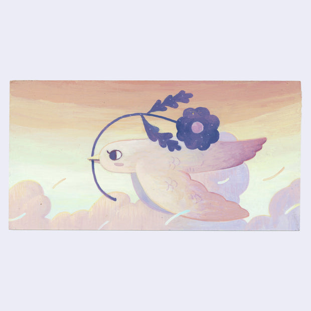 Illustration of a dove with a flower on a pastel background