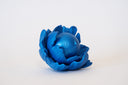 Blue flower-shaped object with a spherical center that has a calm, closed eye face.