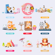 9 different options for Miao Ling Dang: A Good Relaxing Time blind box. Options all include a cat doing something relaxing, such as: eating, watching a laptop, resting in a box, yoga, watching TV, sitting on a recliner, playing video games, resting under a parasol, and sitting on a throne.