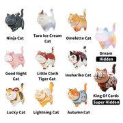 Collection of cat-themed figurines with labels on a white background