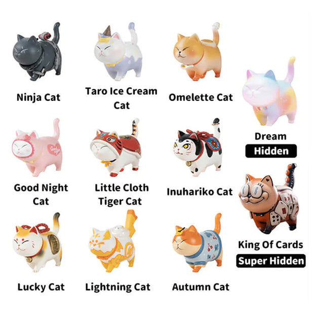 Collection of cat-themed figurines with labels on a white background