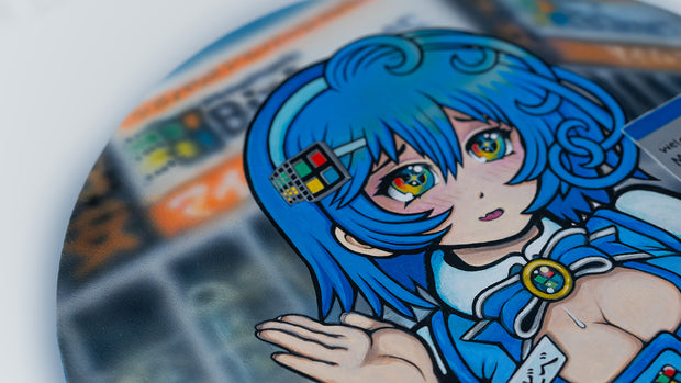 Painting of an anime girl with blue hair and wearing a blue attendants outfit which fits tightly and emphasizes her chest. The buttons on her shirt are the old Microsoft logo, same with her hair pin. She waves nervously, with buildings blurry in the background. A computer text bubble reads "welcom to michaelsoft binbows!" Close up.