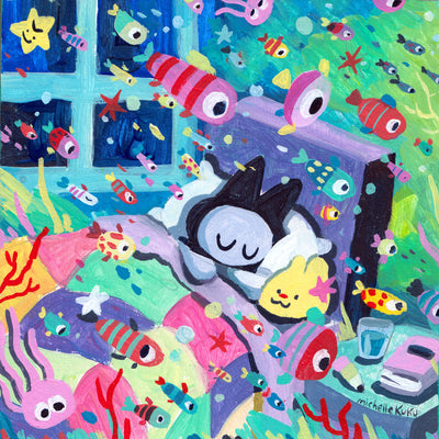 Colorful painting of a simplistic cat like creature sleeping in a bed, surrounded by different colored fish all swimming in one direction. The lighting is a yellowish green, as if underwater.