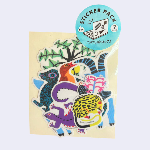 Sticker pack with 7 PVC stickers of animals and plants designed by Miroco Machiko, colorful animals and jungle themed plants.