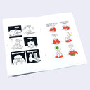 Open page spread of 2 comics about a woman working and eating.