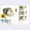 Anime-style illustration of a girl with a sunflower and a boy in a classroom setting.