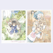 Two illustrated scenes featuring characters in a forest and indoors.
