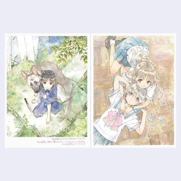 Two illustrated scenes featuring characters in a forest and indoors.