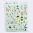 Sheet of decorative stickers with various designs on a light green background