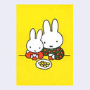 Yellow postcard with an illustration of Miffy sitting with her mom at a table, sharing a plate of possibly crackers. Each hold a cup of red juice.