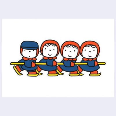 White postcard with an illustration of  children dressed for winter, holding onto a pole and ice skating.