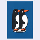 Two cartoon penguins standing on a blue background