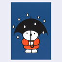 Blue postcard with an illustration of a white bear in an orange shirt, standing under a black umbrella with raindrops. 