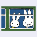Two cartoon bunnies looking out a window of a train with a green border