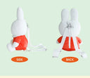 Back and side view of Miffy plush backpack, with zip opening down the back and 2 white straps.