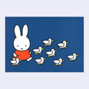 Blue postcard with illustration of Miffy wearing an orange dress and walking along side 8 small white ducks.