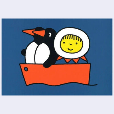 Postcard with illustration of a child riding in a boat with 2 penguins in it on a blue background.