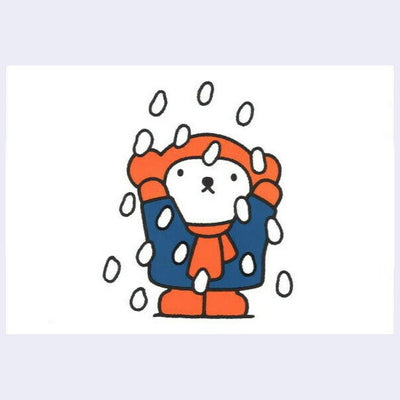 White postcard with illustration of Boris the Bear, standing in snow as it falls on him.