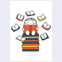 Illustration of a child sitting atop of a pile of books, reading with books floating around on a white background.