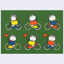 Illustration on green postcard of 6 children riding bikes, half of them have a surprised expression and the other half have a happy expression and their bikes have flags.