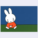 Postcard with illustration of Miffy walking and crying, in a blue room with green flooring.