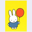 Illustration on a yellow postcard of Miffy, standing in a blue dress and holding an orange umbrella.