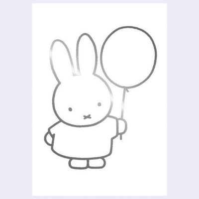 Silver foil line art illustration on a white postcard of Miffy holding a balloon.