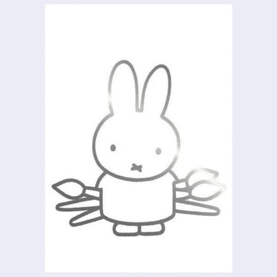 Silver foil line art illustration on white postcard of Miffy standing and holding very large paintbrushes behind her back.