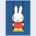 Illustration on blue postcard of Miffy wearing an orange dress and standing up on a swing.
