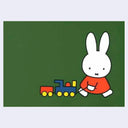 Green postcard with an illustration of Miffy walking while toting a toy train behind her.