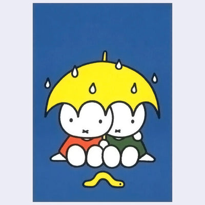 Blue postcard with illustration of 2 Miffy's, sitting under a yellow umbrella as it rains and looking at a worm.