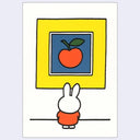 Cartoon character looking at a painting of an apple