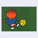 Illustration of a child kicking a yellow ball on a green background