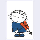 Simple line drawing of a child playing a violin on a light purple background