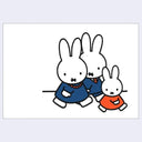 Cartoon illustration of three rabbits in blue, red, and white on a light purple background
