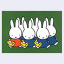 Group of cartoon bunnies walking to school, all holding a yellow bag.