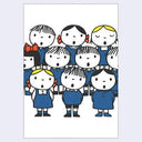 Illustration of a group of children in blue outfits with red bows on a light purple background, singing in a choir.
