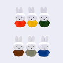 Set of 6 mini figurines of Miffy, standing and wearing a different colored shirt. Options are: red, yellow, forest green, brown, sage green and blue.