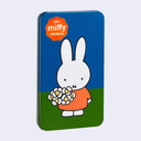 Tin with Miffy standing and holding flowers. Tin has a badge indicating 225+ stickers on a blue and green background.