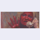 Artistic depiction of a person with red face and black running makeup, holding a phone.