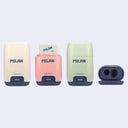 Set of 4 plastic cases holding an eraser and a pencil sharpener within it, with 'Milan' branding. Colors are: cream, pink, mint green and navy.