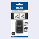 Milan eraser with sharpener and spare erasers packaging on a light gray background