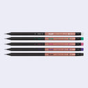 5 nearly identical graphite pencils, their body is half black and half a copper color with different color accents on each - white, green, pink, purple and black.