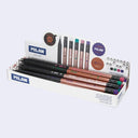 Box of nearly identical graphite pencils, their body is half black and half a copper color with different color accents on each - white, green, pink, purple and black.