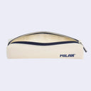 Beige pencil case, with a navy blue zip top and branding on the side that reads "MILAN". Fabric inner lining.